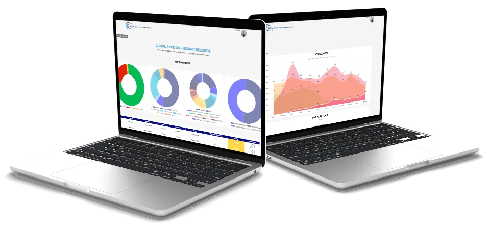 Dos portátiles con dashboards de cumplimiento y auditorías de Brilliant Connect.