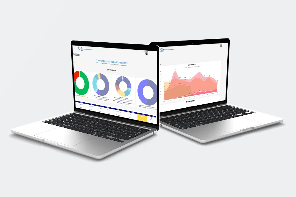Dos portátiles con dashboards de cumplimiento y auditorías de Brilliant Connect.